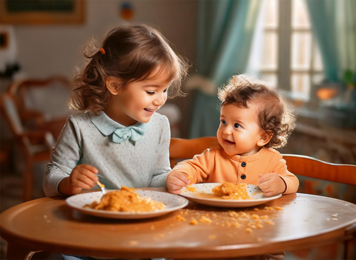 Una ragazzina e la sua sorellina si sorridono a tavola mentre mangiano